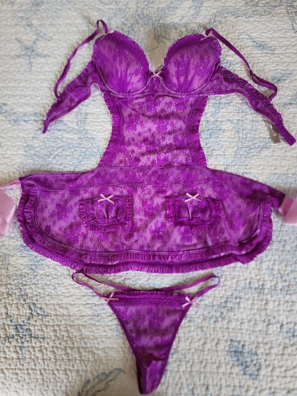 NWOT Vintage Victoria’s Secret Purple Lace French Maid Apron Babydoll + Thong Se